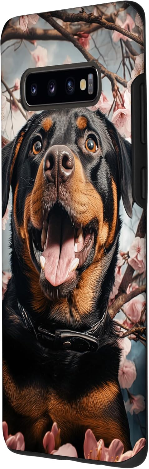 Cara de perro Rottweiler Galaxy S10+ con estuche de pintura de flor de cerezo