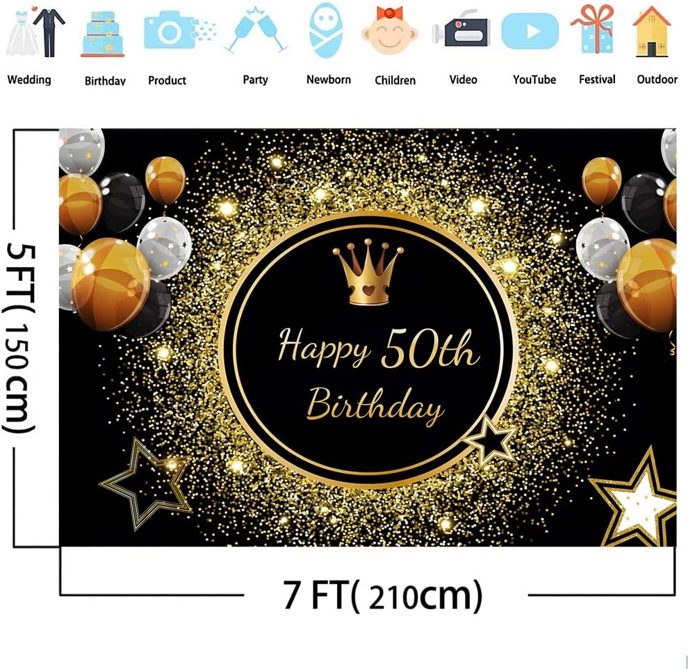 Telón de fondo de feliz cumpleaños 50 de 7 x 5 pies, poliéster negro y dorado con purpurina Bokeh, corona de fondo para fotografía, reina de 50