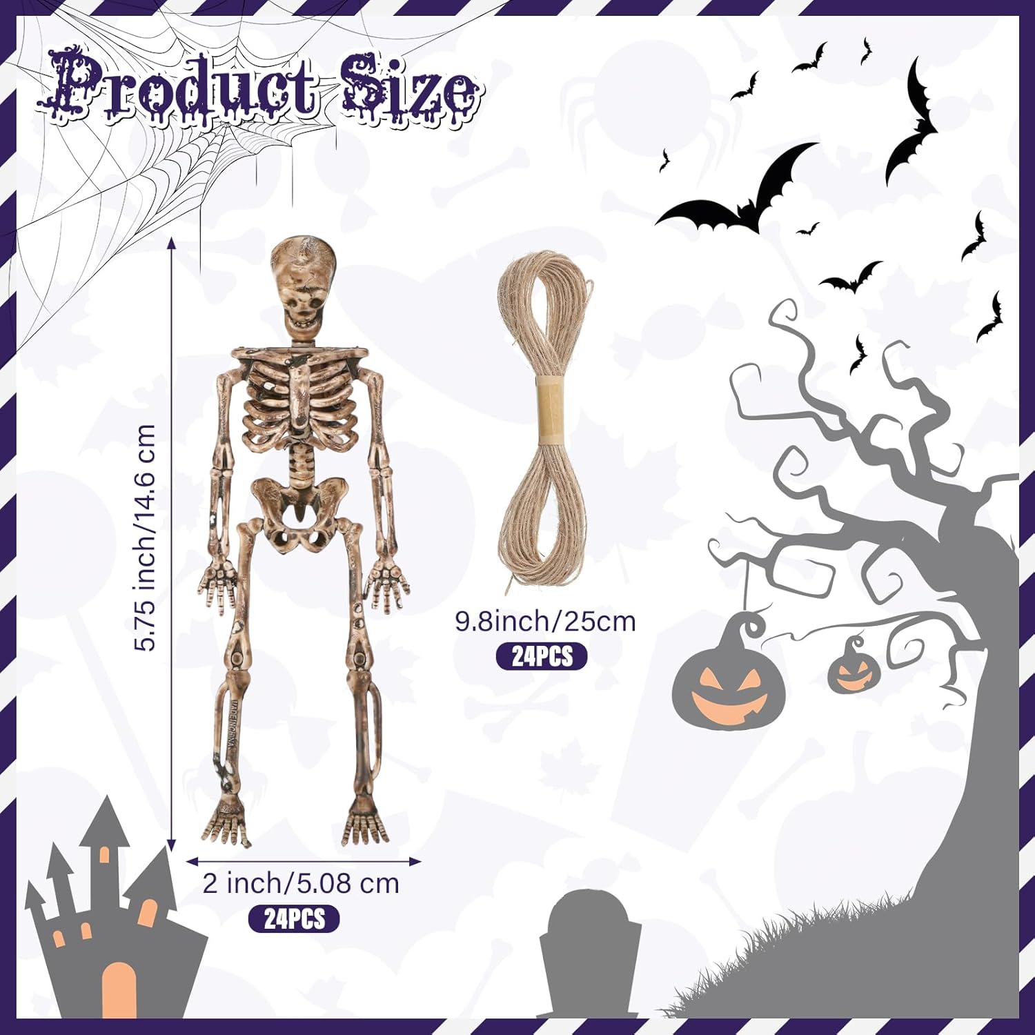 24 piezas de decoración de esqueleto de Halloween de 5.75 pulgadas, decoración de esqueleto de cuerpo completo de plástico, mini esqueleto pequeño,