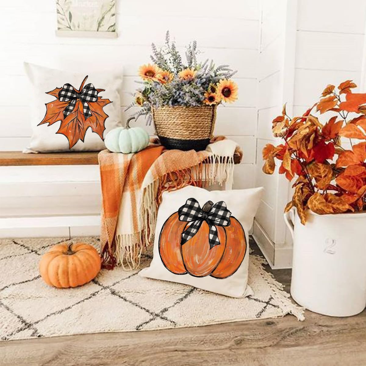 Fundas de almohada de otoño de 18 x 18 pulgadas, juego de 4 fundas de almohada de calabaza y hojas de arce con texto en inglés “Hello Pumpkin Happy