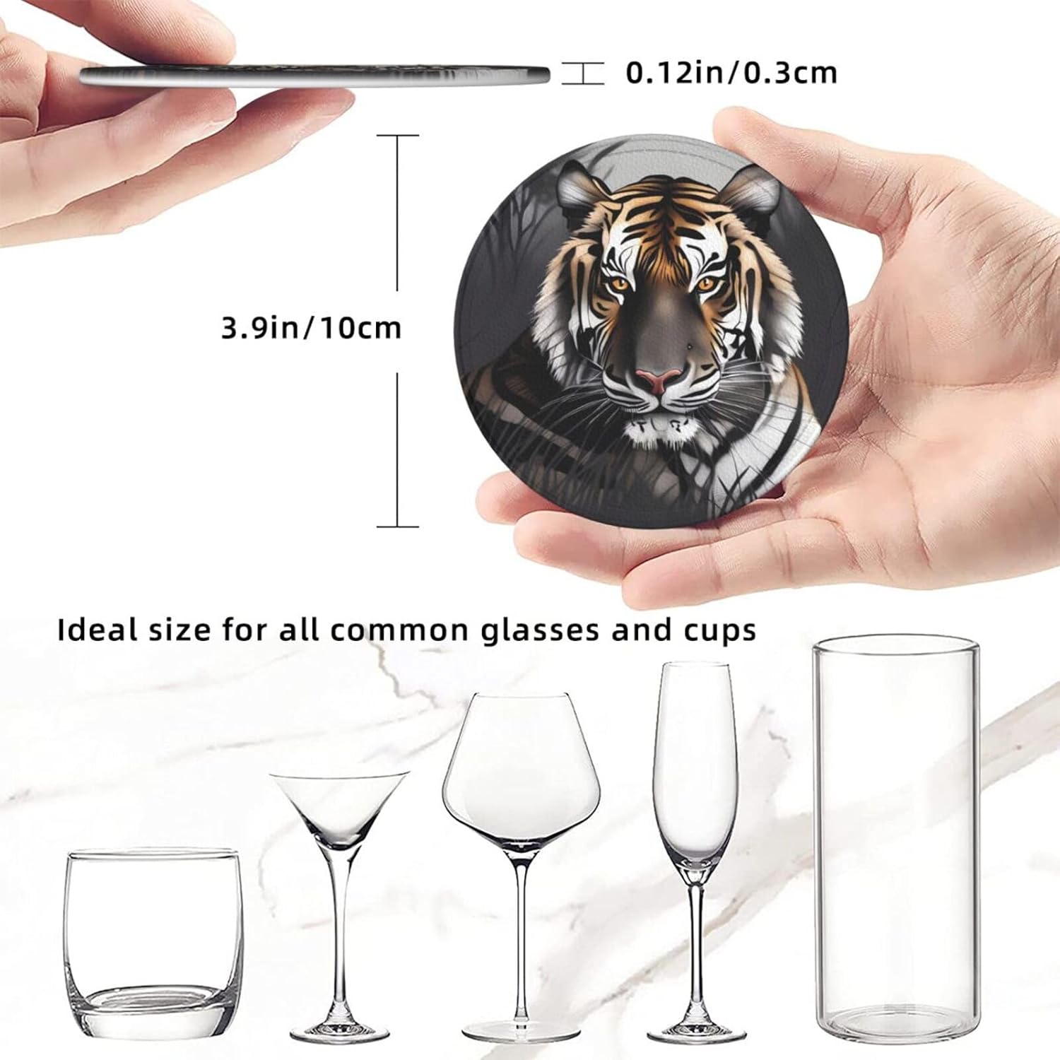 Juego de 6 posavasos de cuero con soporte, diseño de tigre en reposo, para bebidas, con aislamiento, posavasos redondos para decoración de mesa