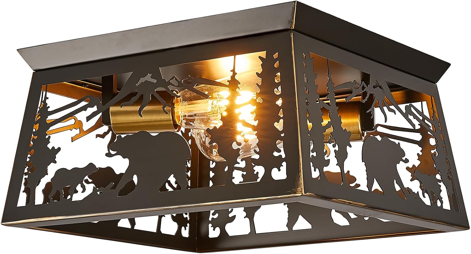 Feohak Lámpara rústica, lámpara de techo empotrada de 2 luces, con diseño de oso de metal, para exteriores, cabaña de troncos, para pasillo, porche,