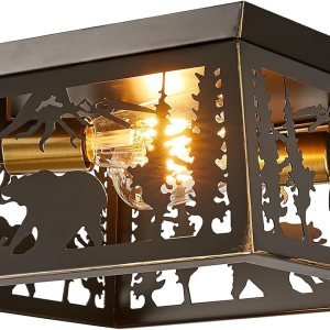 Feohak Lámpara rústica, lámpara de techo empotrada de 2 luces, con diseño de oso de metal, para exteriores, cabaña de troncos, para pasillo, porche, Feohak Lámpara rústica, lámpara de techo empotrada de 2 luces, con diseño de oso de metal, para exteriores, cabaña de troncos, para pasillo, porche,