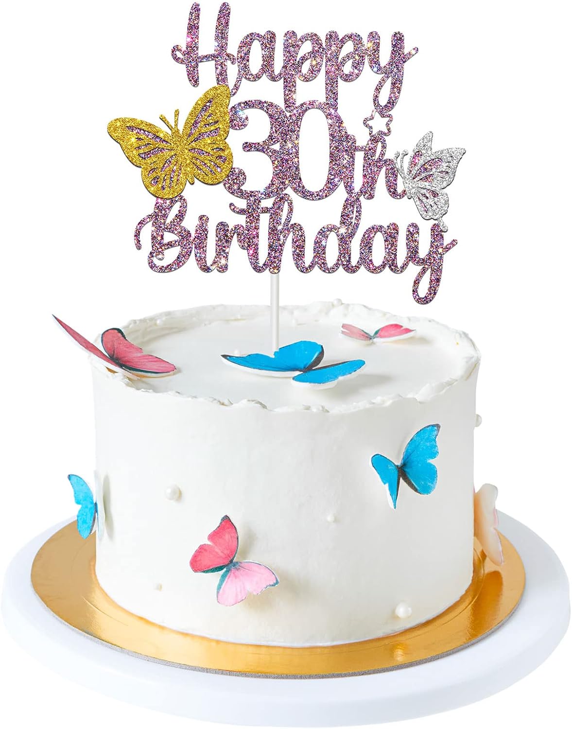 Decoración para tarta de cumpleaños de 30 años con purpurina morada, decoración de pastel de mariposa 30, decoración para tartas de cumpleaños de 30