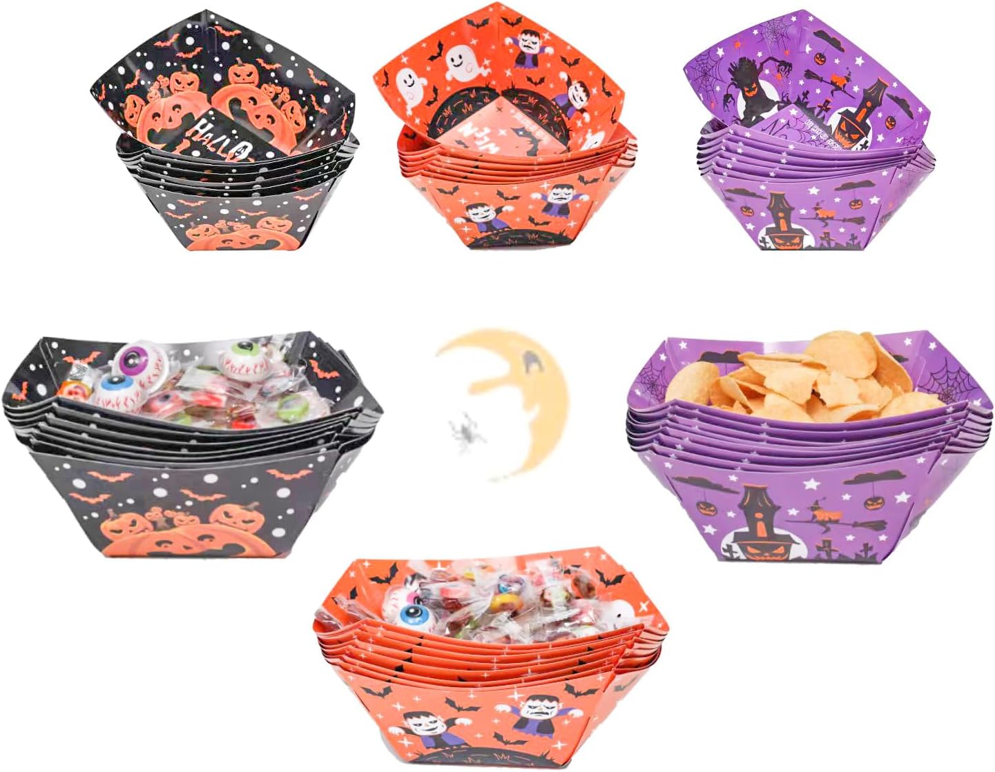 24 bandejas de papel de Halloween para alimentos, barcos de papel de Halloween, cuencos de papel de Halloween, bandejas de servir desechables para