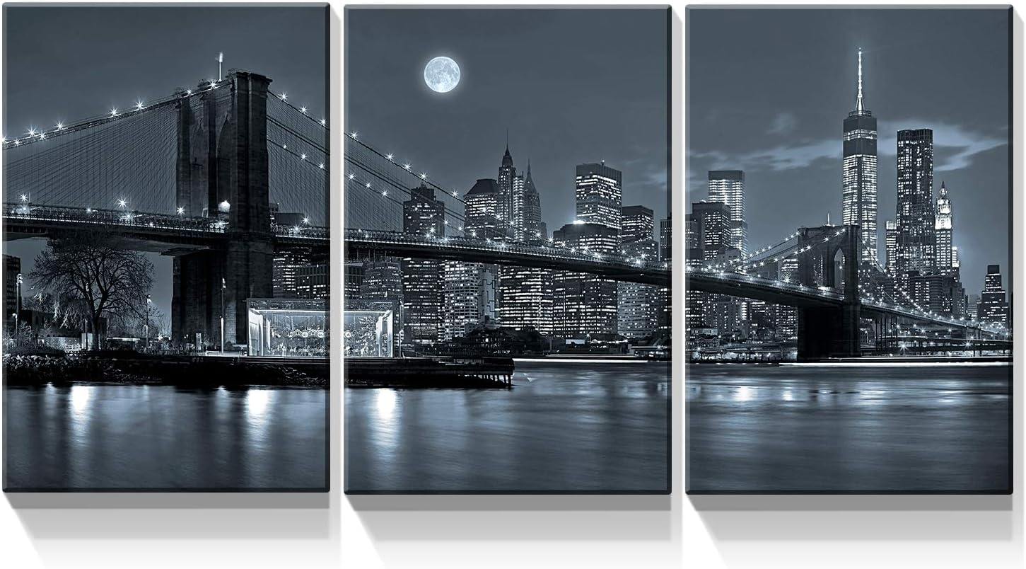 Denozer – 3 paneles de impresiones artísticas en lienzo – Impresiones modernas de Nueva York, paisaje urbano, puente de Brooklyn, arte de pared para