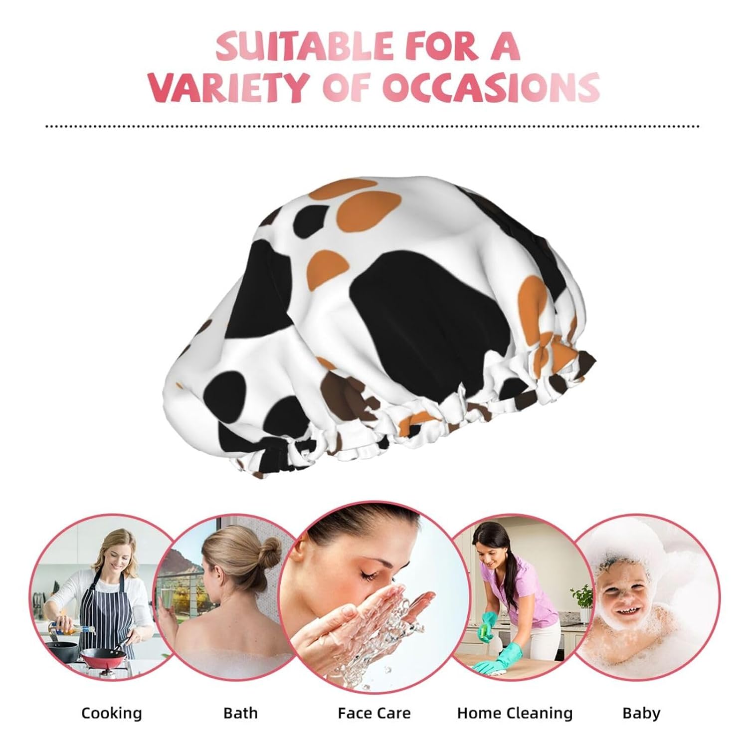 Gorro de ducha impermeable de doble capa con estampado de huellas de animales, adecuado para todas las longitudes de cabello (10.6 x 4.3 pulgadas)