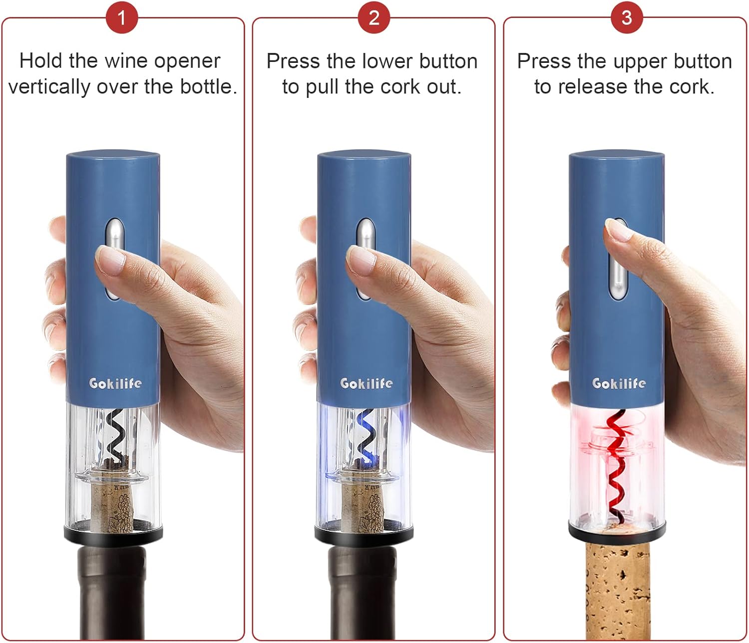 Gokilife Abridor eléctrico de vino  Abridor de sacacorchos eléctrico automático de botellas de vino con cortador de papel de aluminio, botón de un