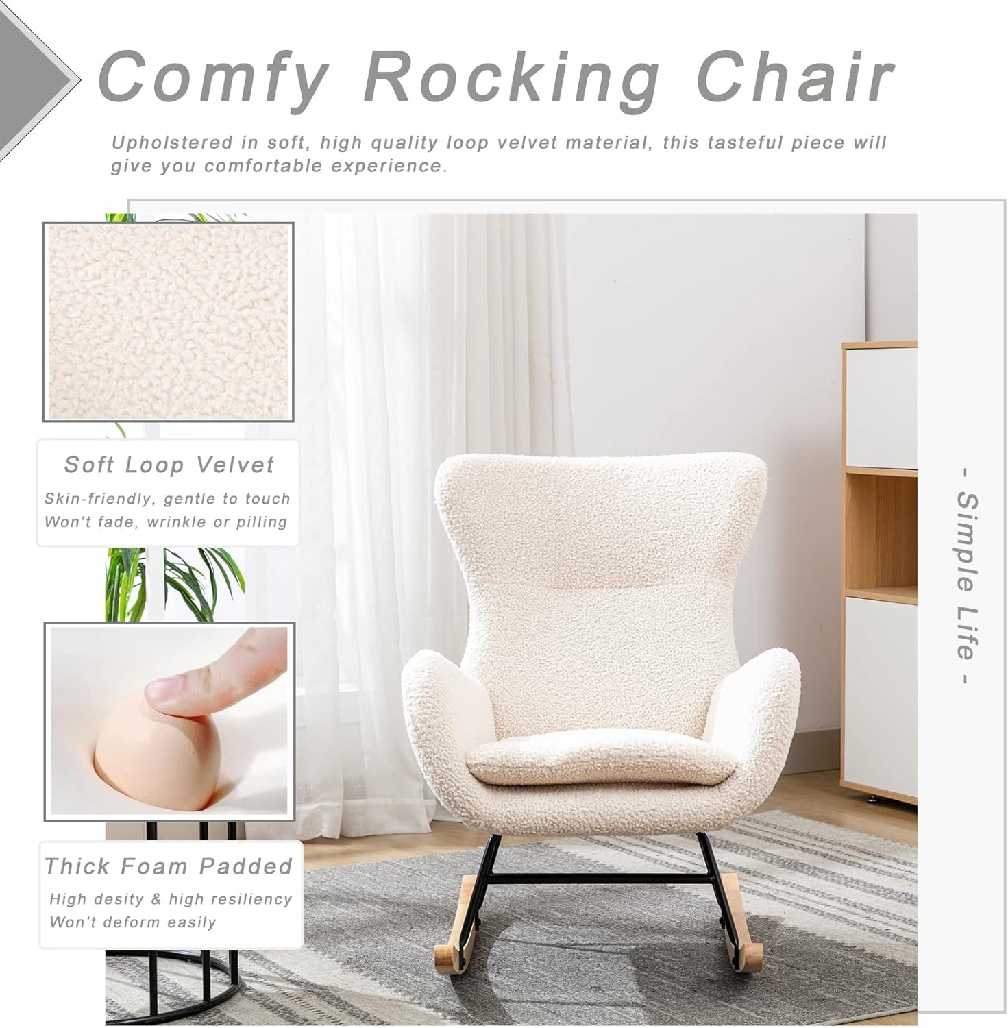 Silla mecedora de tela de peluche, asiento acolchado con respaldo alto y reposabrazos, sillón acogedor, sofá individual, mecedora para sala de