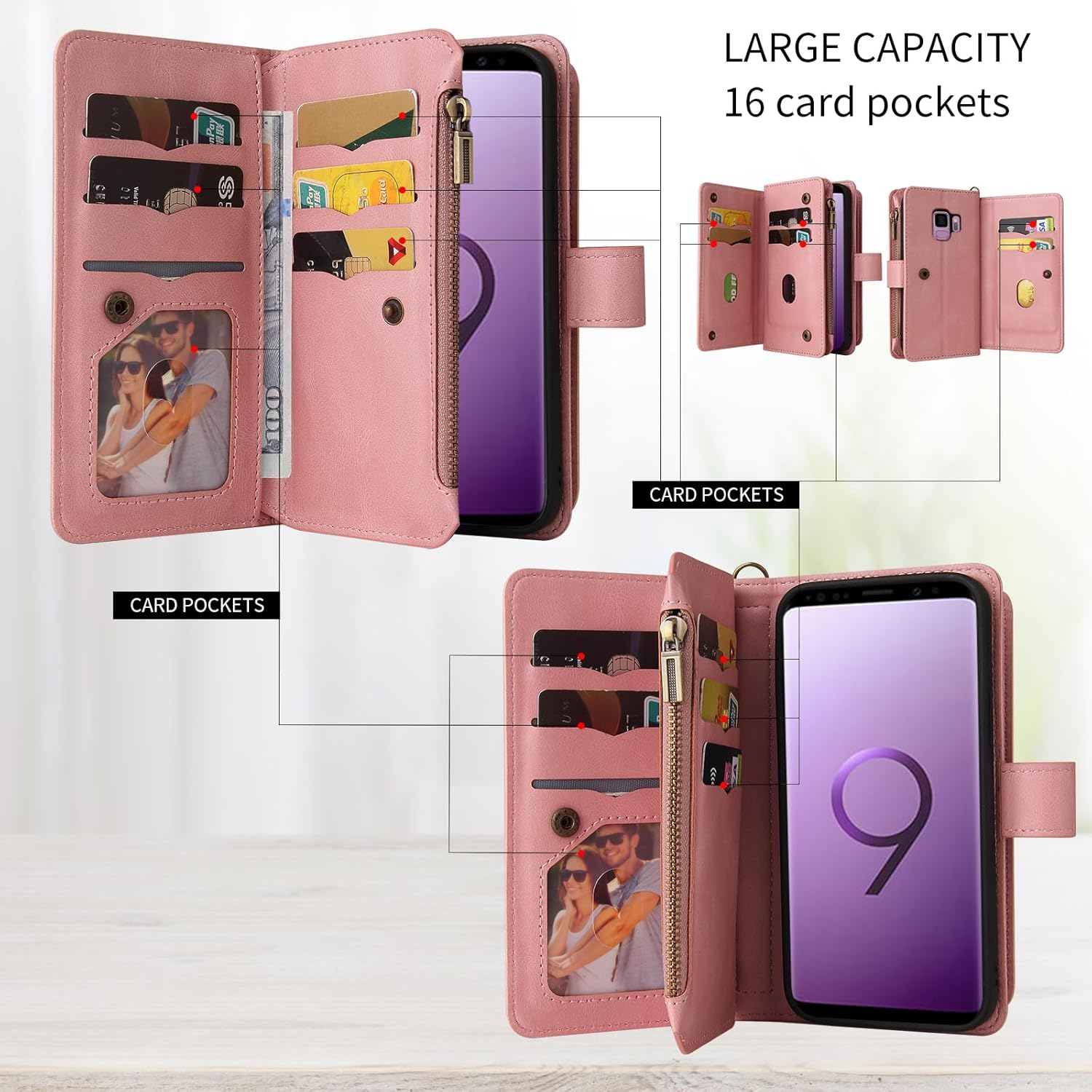 Asuwish Funda de teléfono para Samsung Galaxy S9 con protector de pantalla de vidrio templado y correa para la muñeca de cuero con tapa para tarjeta