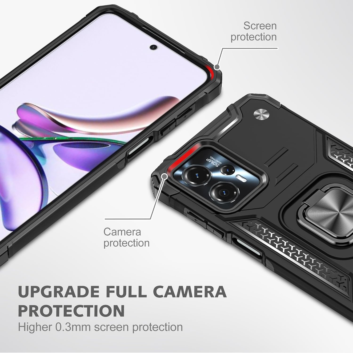 Asuwish Funda de teléfono para Motorola Moto G13G23 con protector de pantalla de vidrio templado y soporte de anillo delgado híbrido protector móvil