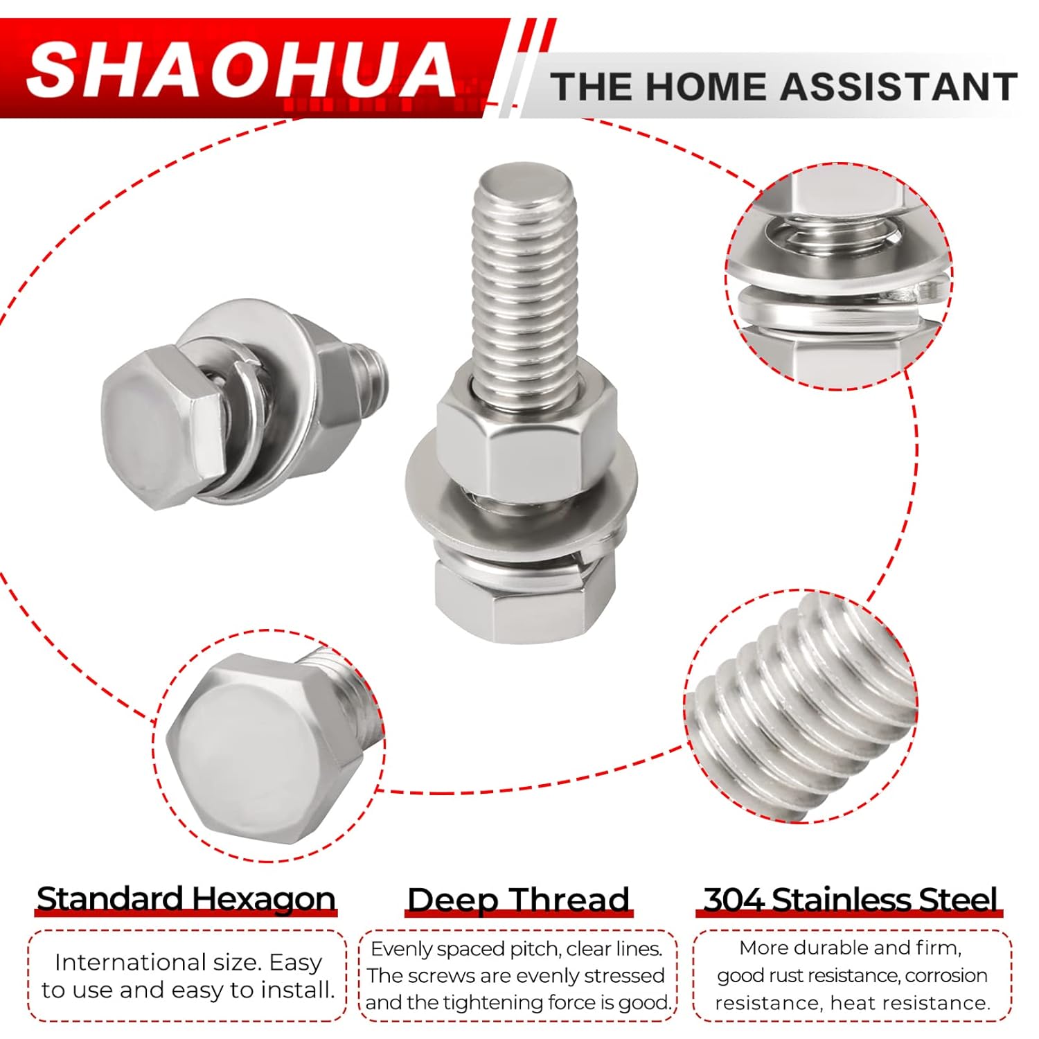 SHAOHUA Kit surtido de 96 tuercas y pernos  M8 x 405060703.150 in  Pernos hexagonales de acero inoxidable 304 resistentes, tuercas planas y