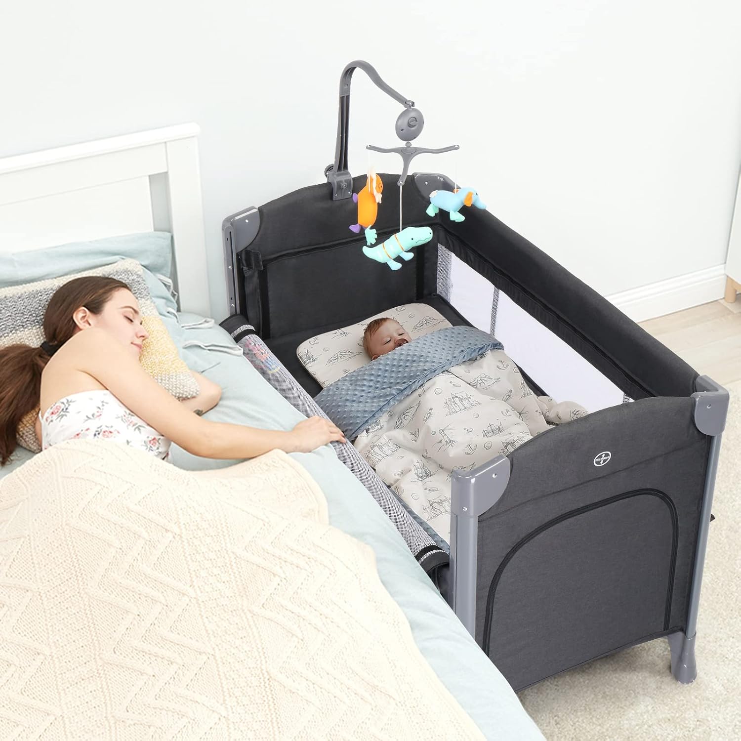 Ktaxon Cuna de bebé 3 en 1, cuna con 3 niveles de ajuste de altura, diseño plegable rápido y rueda flexible con freno de recién nacido a niños (gris