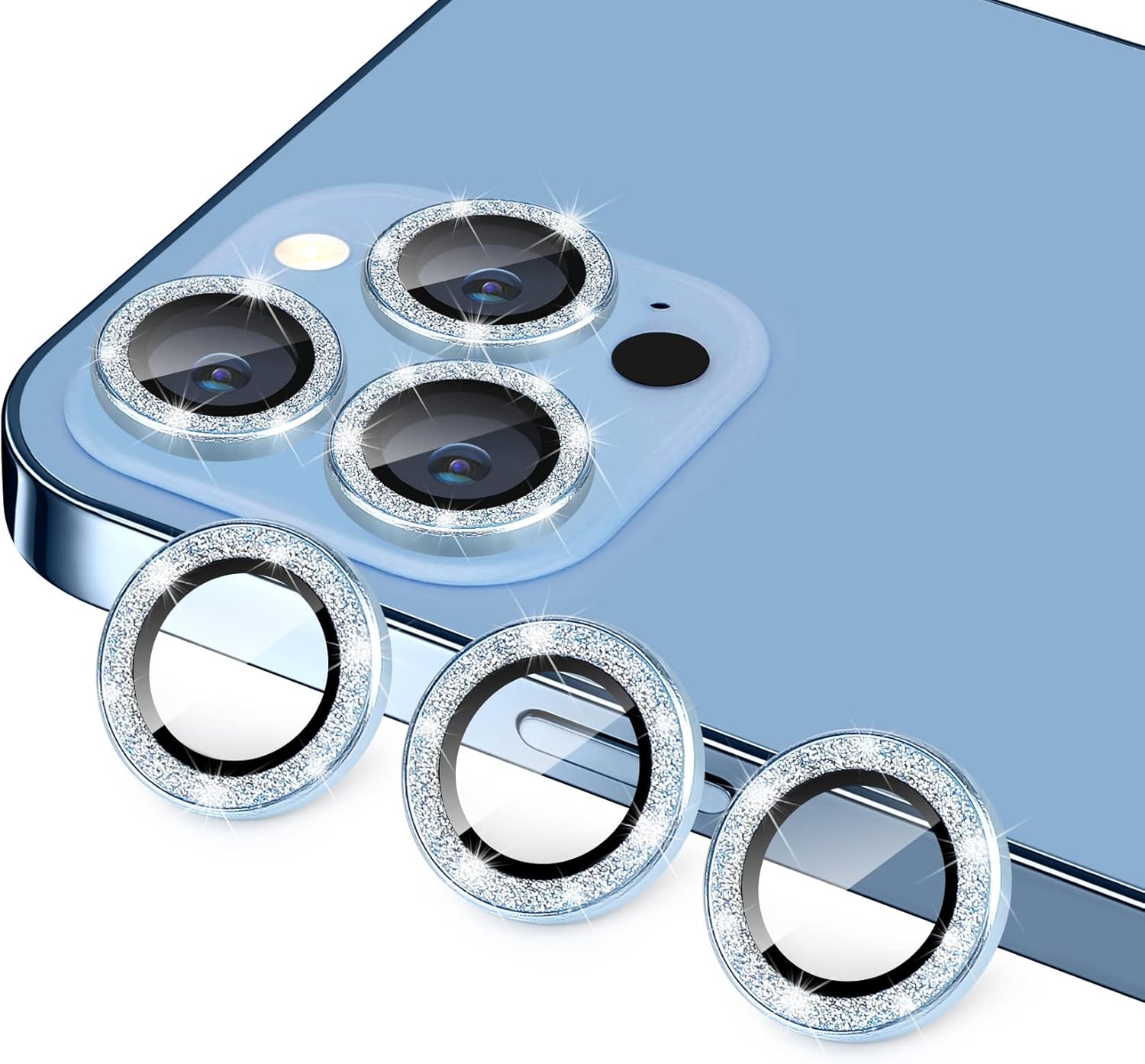 Hsefo Protector de lente de cámara para iPhone 13 Pro y iPhone 13 Pro Max, cubierta de cámara de vidrio templado 9H con purpurina brillante,