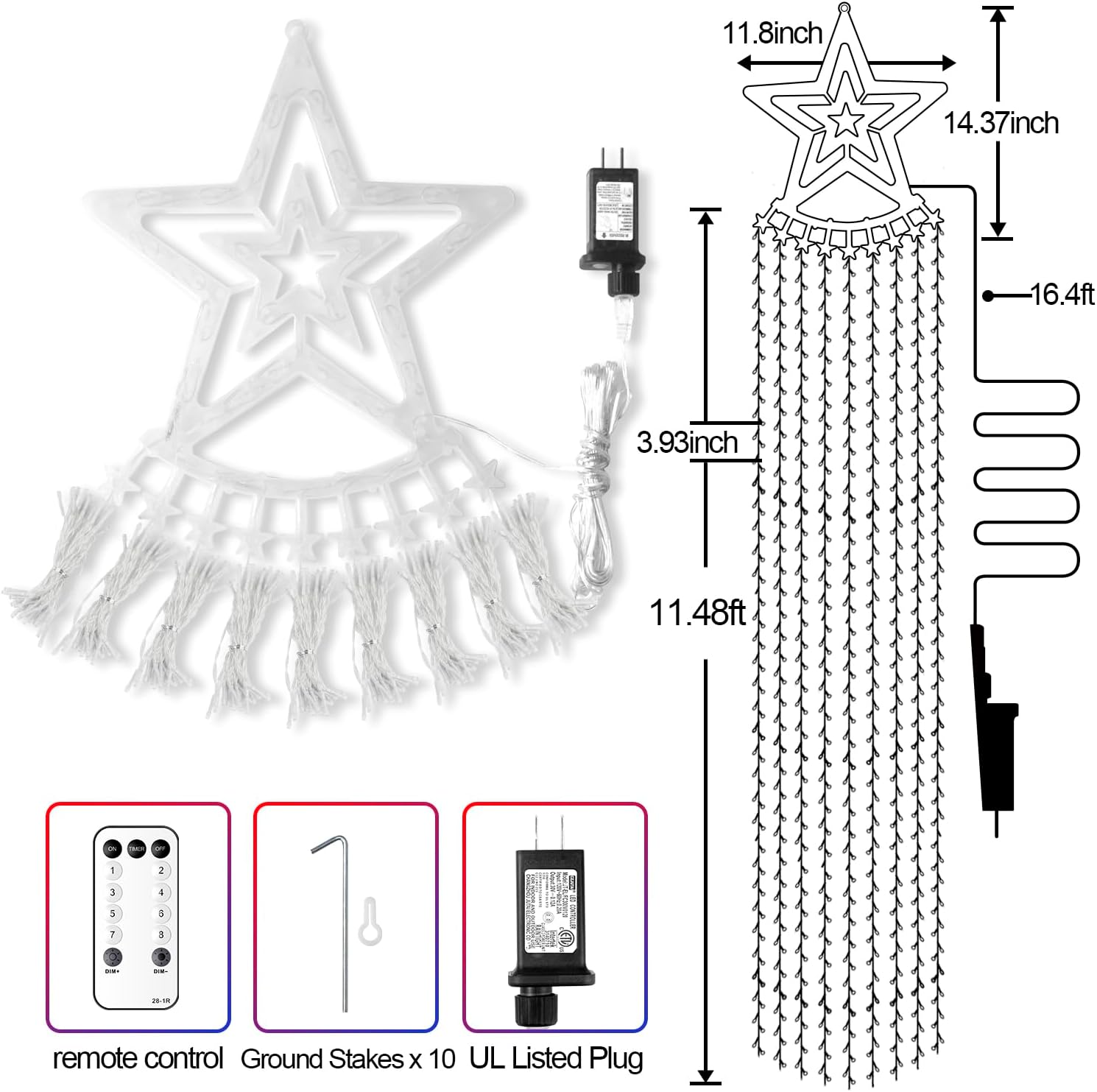 Luces de estrella para decoración de Navidad al aire libre, 11.48 pies, 350 luces LED de árbol de cascada con 8 modos de temporizador, control