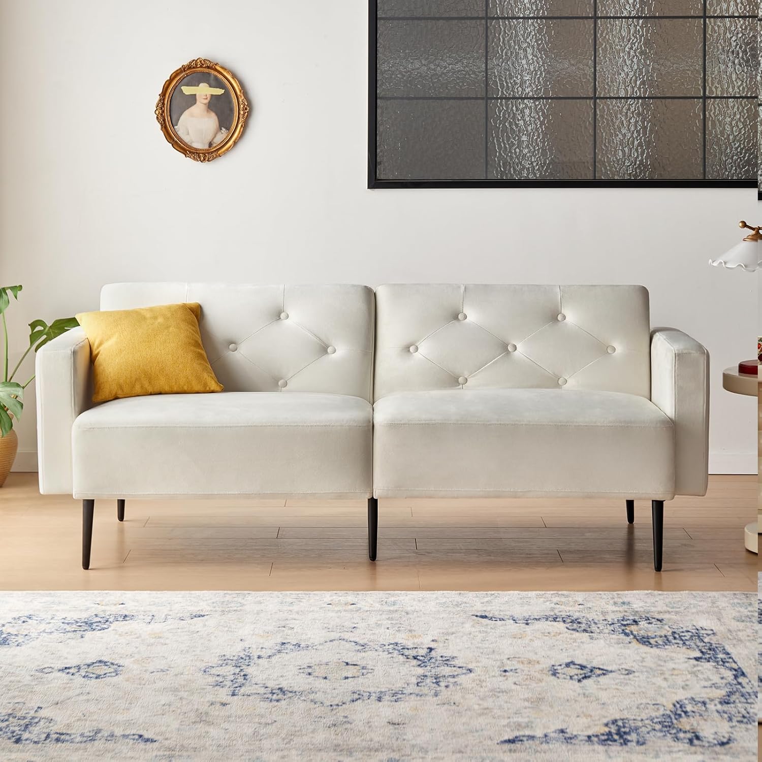 Wimarsbon Sofá cama futón, sofá cama convertible de 74 pulgadas, sofá biplaza tapizado con respaldo ajustable, brazos y patas de metal de alta