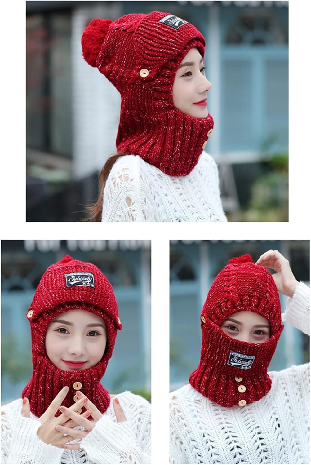 2 en 1 para mujer, bufanda de punto, sombrero elástico cálido de invierno con protectores de oídos, gorra integrada a prueba de viento para