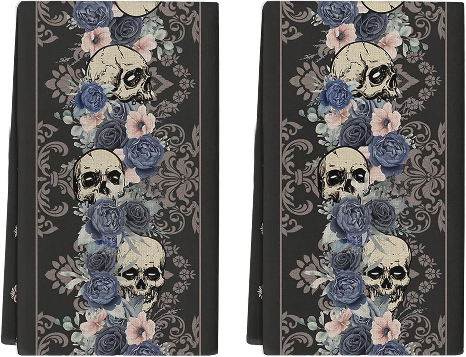 Juego de 2 toallas de cocina y paños de cocina, diseño floral de Halloween con textura de calavera negra de 18 x 28 pulgadas, toallas de mano
