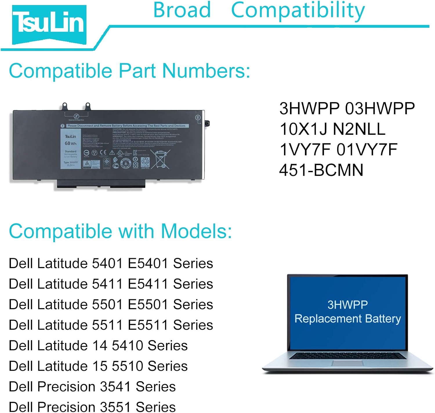 3HWPP – Batería de repuesto para laptop Dell Latitude 5401 5410 5411 5501 5510 5511 Precisión 3541 3551 Inspiron 7706 2 en 1 Inspiron 17 75007506 2