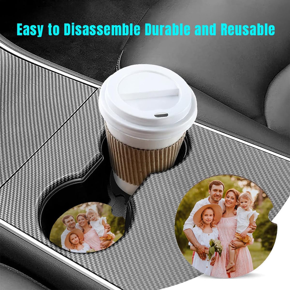 2 posavasos personalizados para automóvil, con foto personalizada, texto con imagen, accesorios para vehículos, posavasos de goma con muesca para