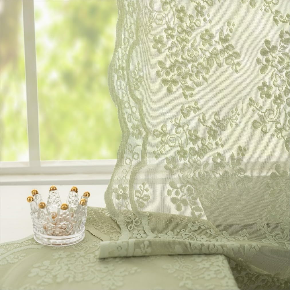 Cortinas de encaje verde salvia de 63 pulgadas de largo para dormitorio, 2 paneles, elegantes cortinas bordadas semitransparentes para sala de