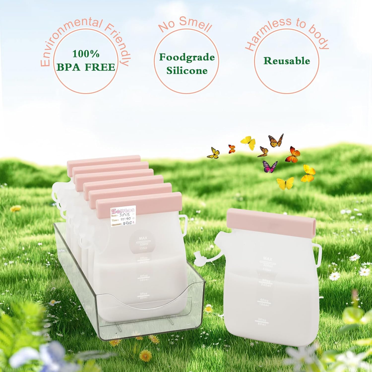 Bolsas de almacenamiento de leche materna de silicona reutilizables, bolsas de almacenamiento de leche materna de 8 onzas, sin BPA, bolsas de