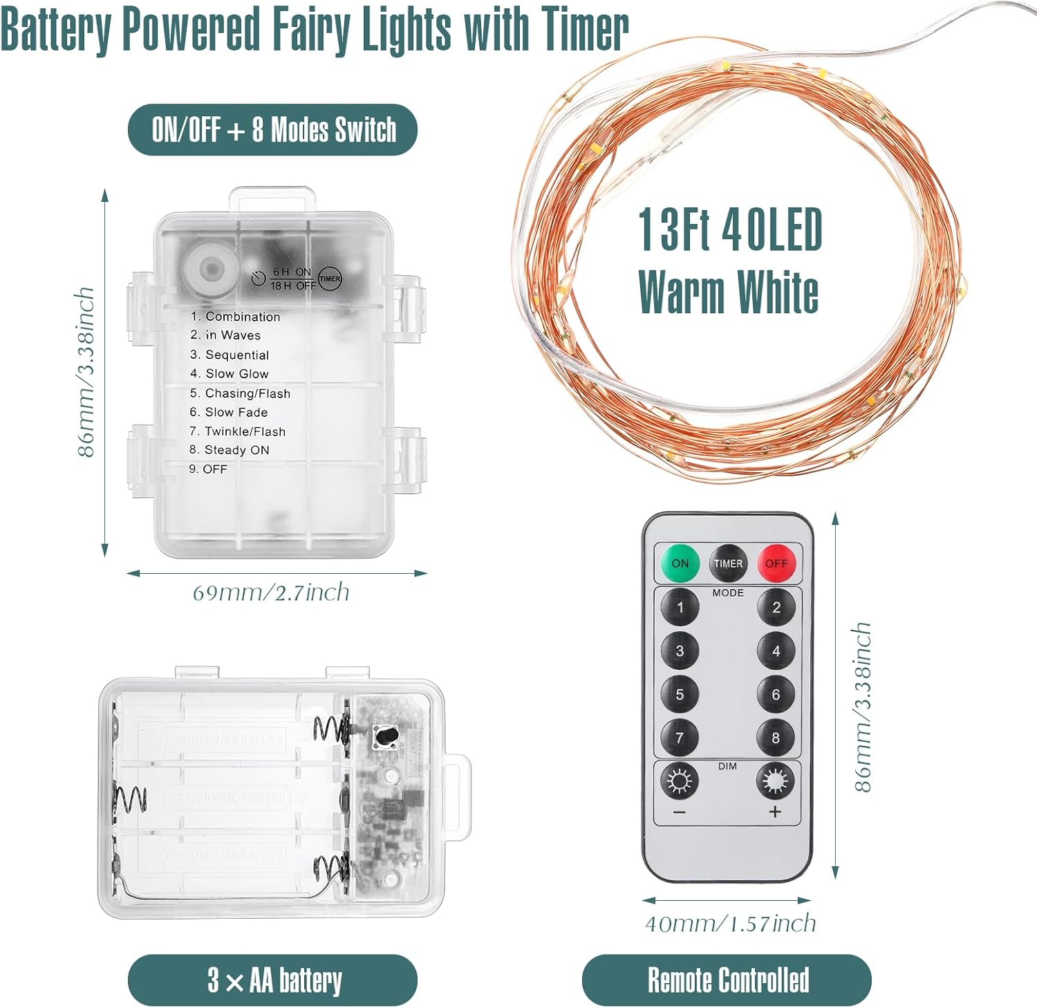Paquete de 24 luces de hadas a pilas con temporizador, 8 modos de 13 pies, 40 luces LED parpadeantes, luces parpadeantes para exteriores,