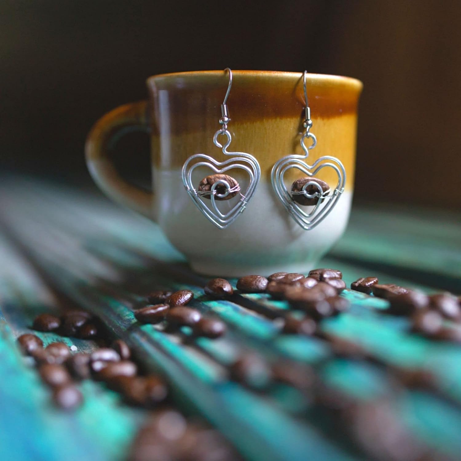 Coffee Lovers Jewelry Gift for Mom, Coffee Bean Heart Earrings Handmade with Love by Mothers In Need