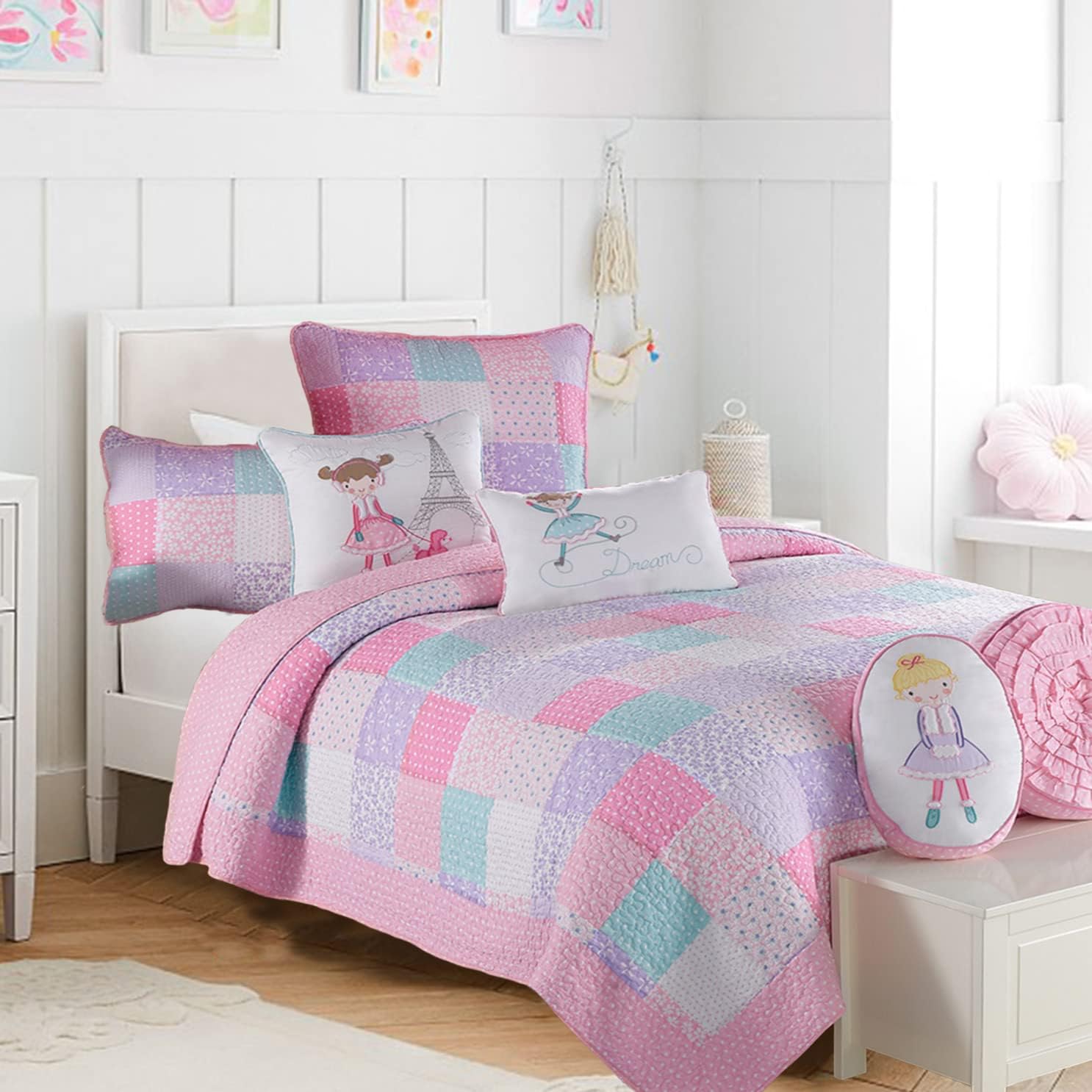Cozy Line Home Fashions Juego de ropa de cama de 3 piezas con estampado de lunares florales de primavera en colores pastel rosa y morado