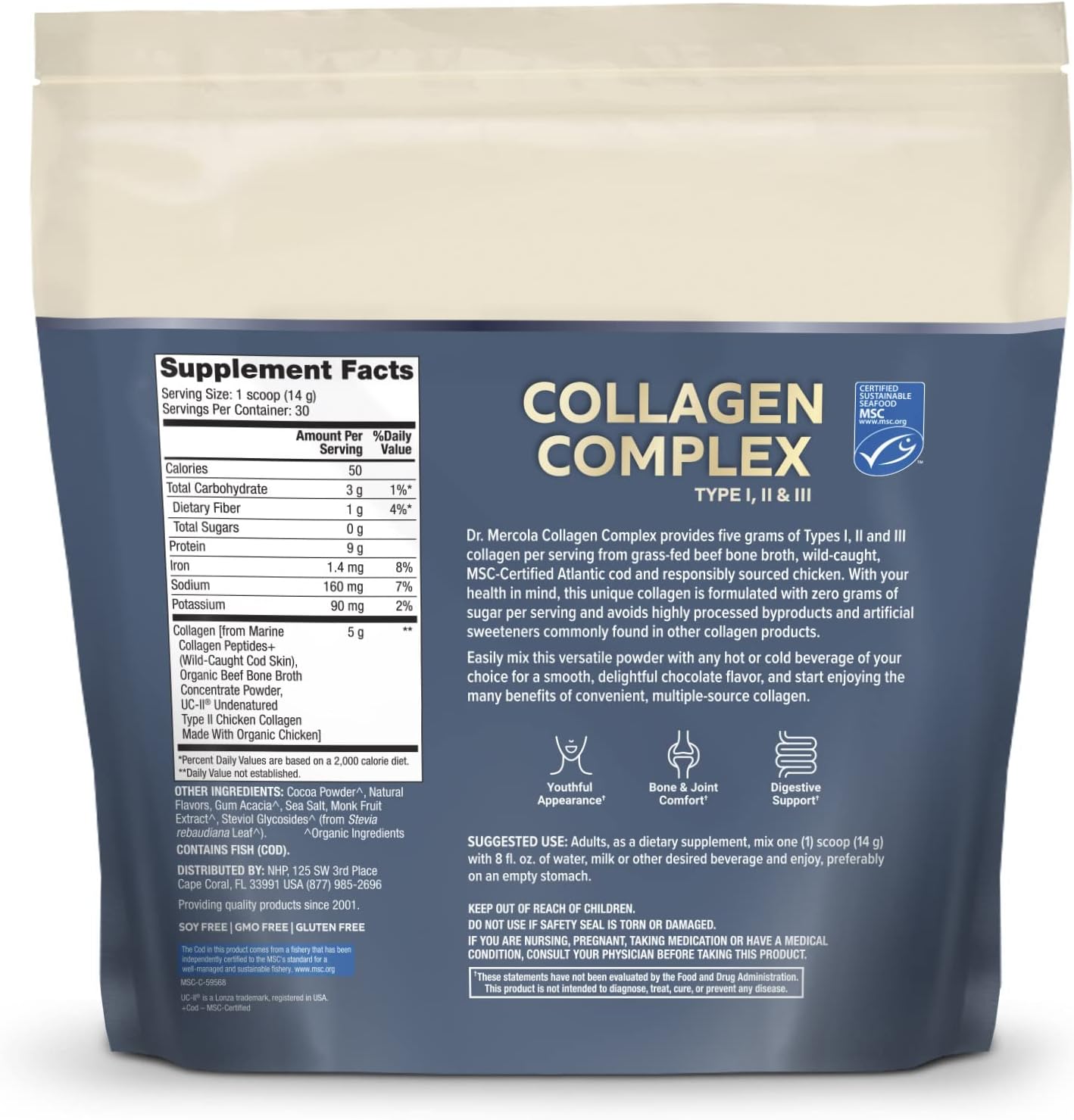 Dr. Mercola Polvo complejo de colágeno – Chocolate, 30 porciones (30 cucharadas), (14.81 onzas por bolsa), sin OMG, sin soja, sin gluten