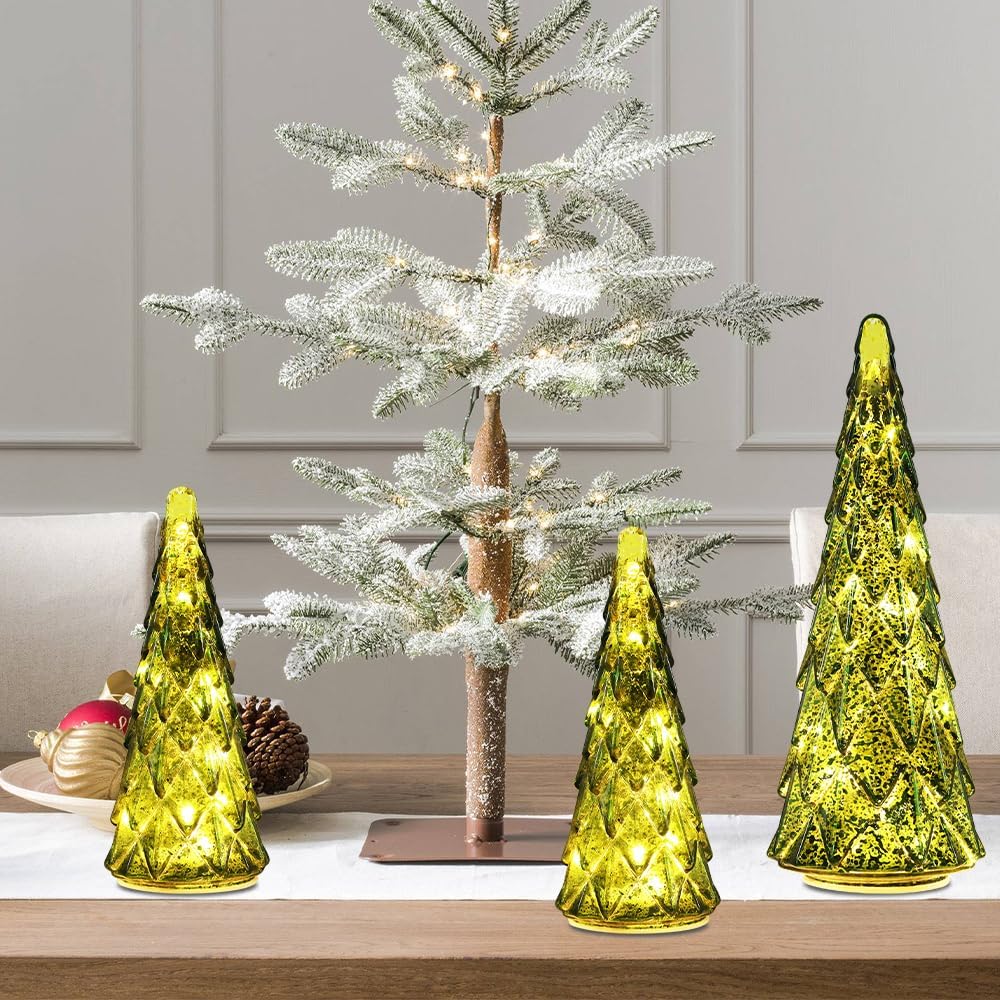 Decoraciones de Navidad para interiores, juego de 3 árboles de Navidad de cristal verde preiluminados para decoración del hogar, decoración de mesa