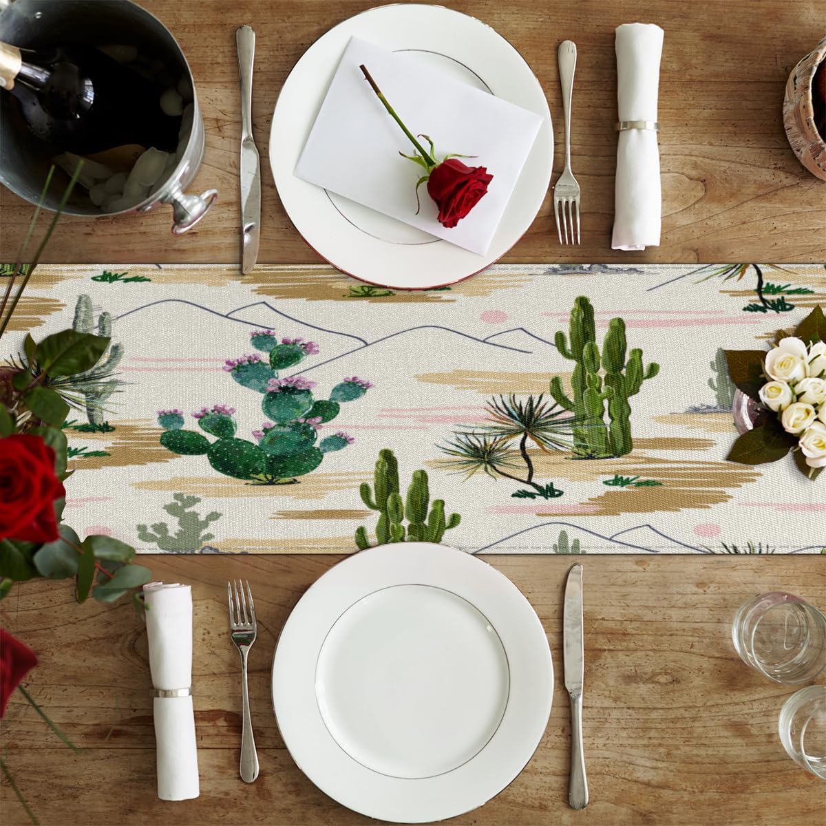 Camino de mesa con cactus de acuarela, mantel de lino rústico para cocina de granja, cena, eventos, fiesta, decoración de mesa de vacaciones, 13 x