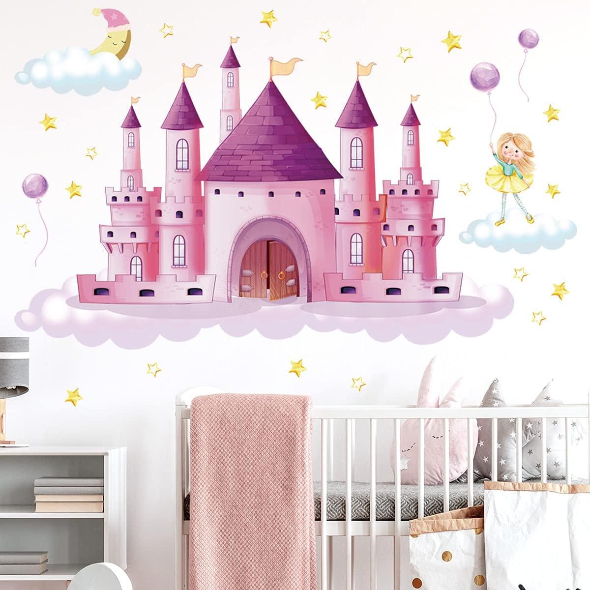 Rainbow Cloud Fairy Tale Princess Castle Wall Stickers for Kids Room Home Decor Girls Princess Bedroom Art Decorative Stickers (CB0002)