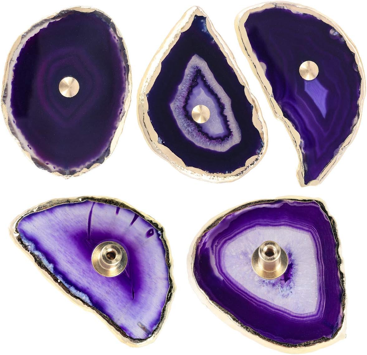 Rockcloud Pomos de ágata morada para cajón, tiradores para armario de aparador, rebanada teñida con pomos de borde chapados en oro para decoración