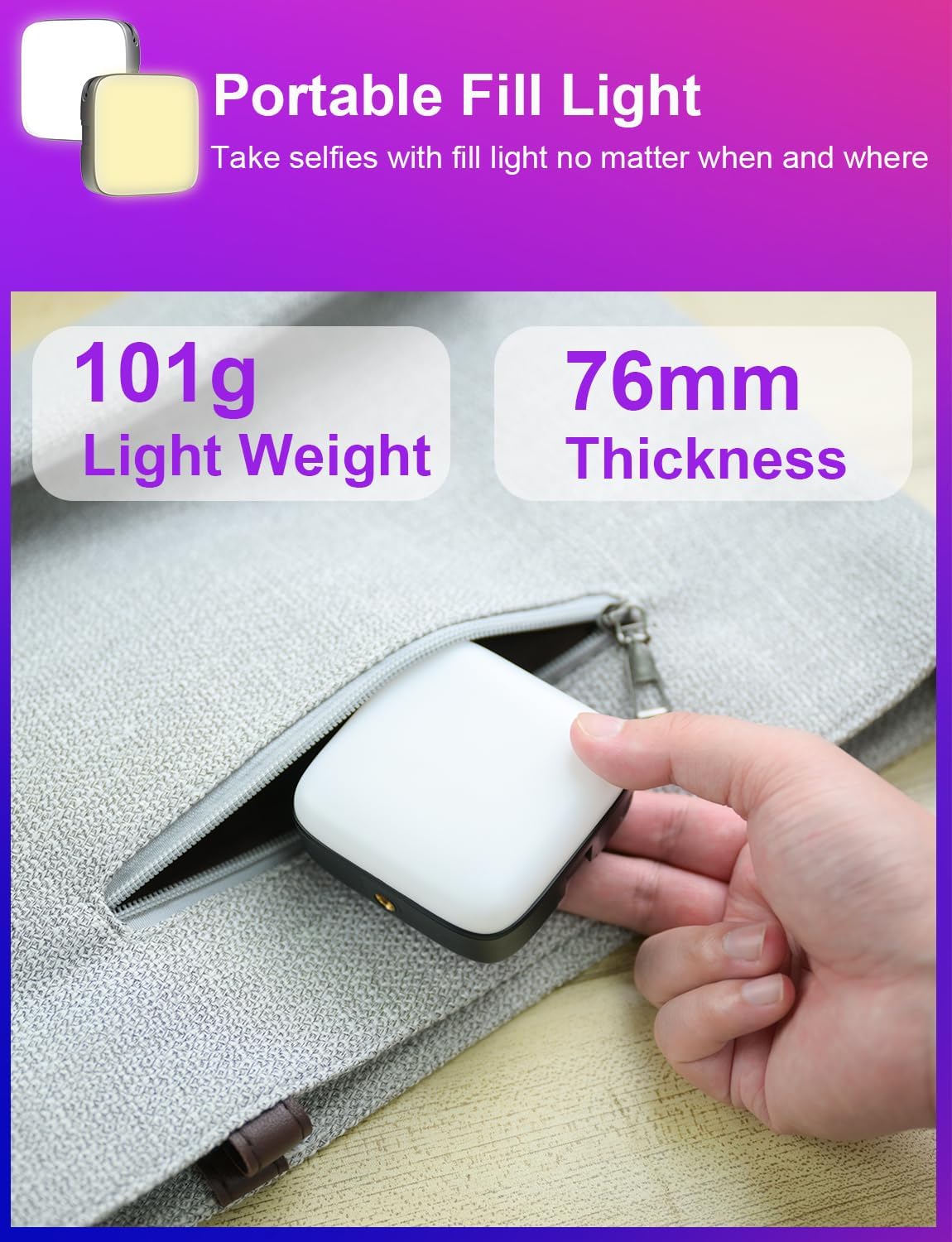 Luz para selfie, luz de teléfono con clip frontal y trasero, luz LED portátil regulable de 3000-9900K, luz de video recargable de 2000 mAh para