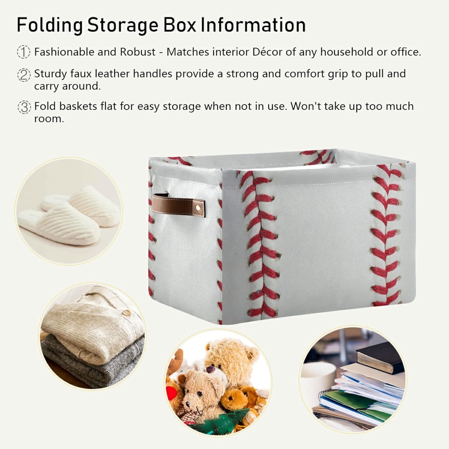 Cestas de almacenamiento plegables, cubos de almacenamiento de béisbol con asas, organizador de tela decorativa, cajas de almacenamiento para