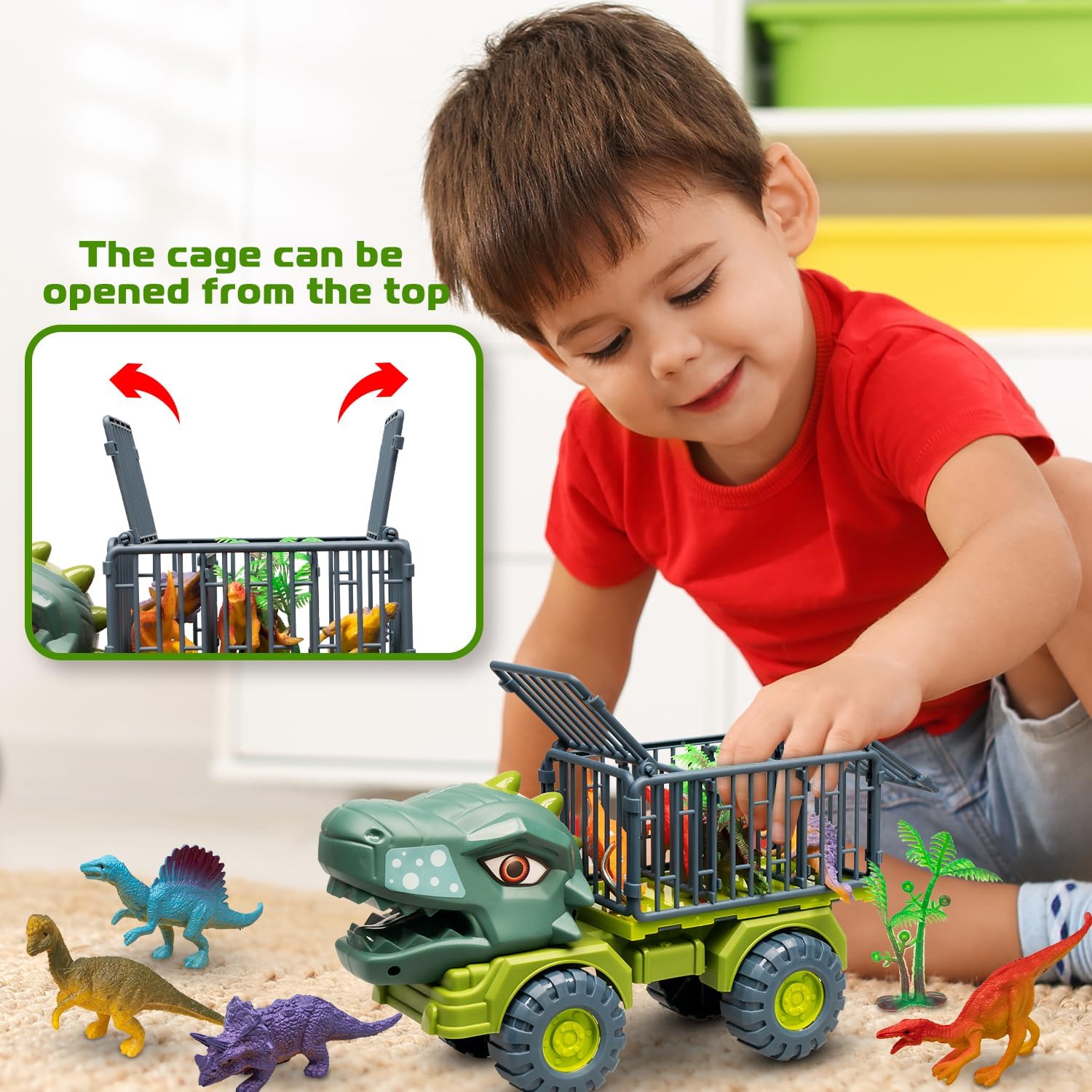 Juguetes de camión de dinosaurios para niños de 3 a 5 años, vehículo de transporte de tiranosaurio con 8 figuras de dinosaurios, juguetes de