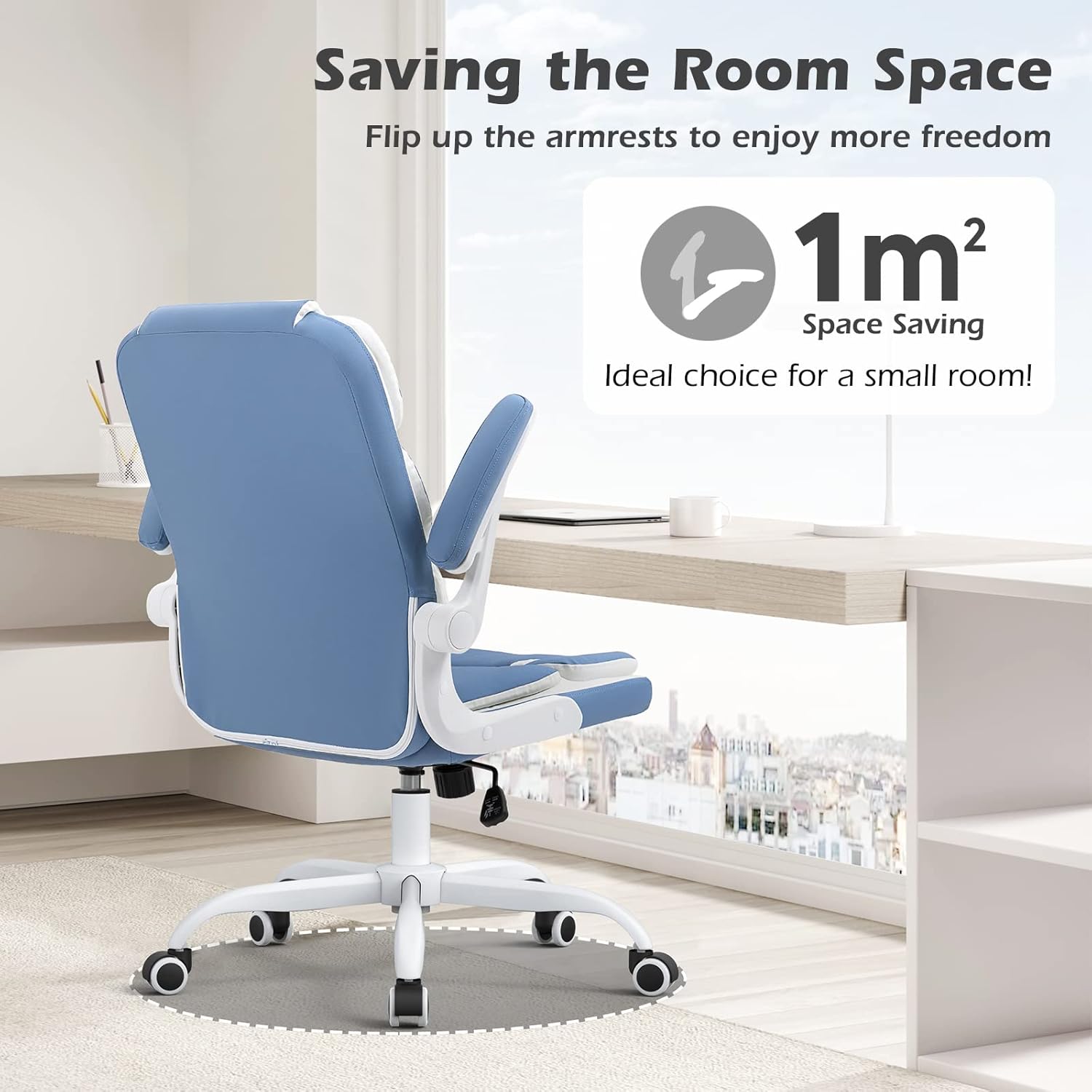 SEATZONE Silla de oficina azul ergonómica de cuero ejecutivo silla de escritorio pequeña linda silla de trabajo rodante para adolescentes y adultos