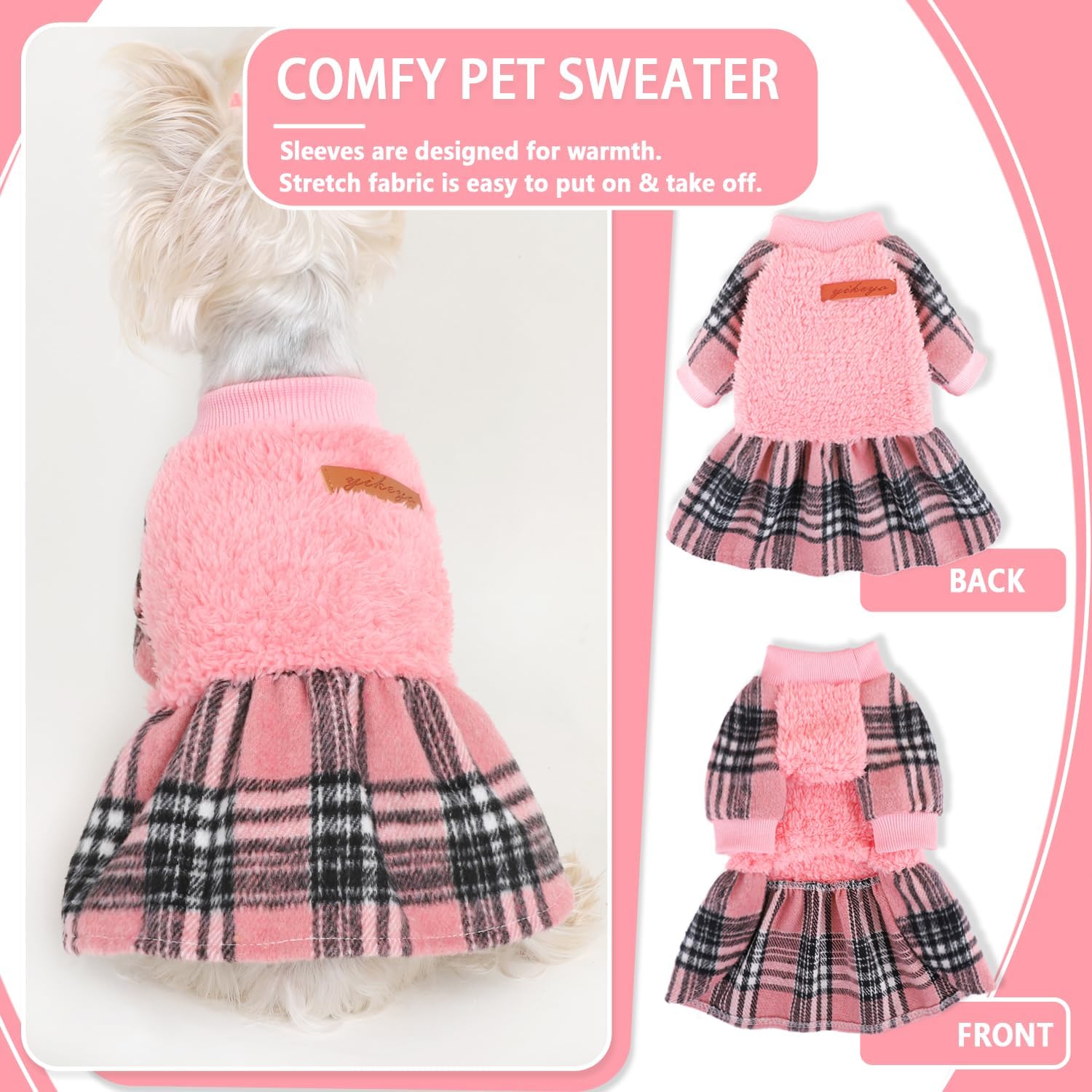 Suéteres clásicos de color rosa para perros pequeños, suéter cálido de forro polar para perros pequeños, vestidos lindos para perros Yorkie