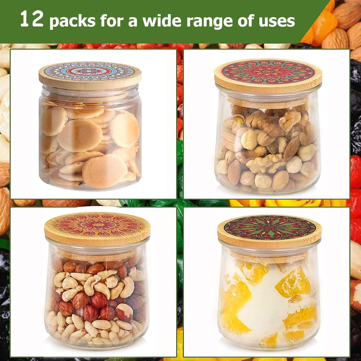 Paquete de 12 tapas para tarros de yogur Oui, tapas reutilizables de bambú natural de mandala Oui con anillos de sellado de silicona para tarros de