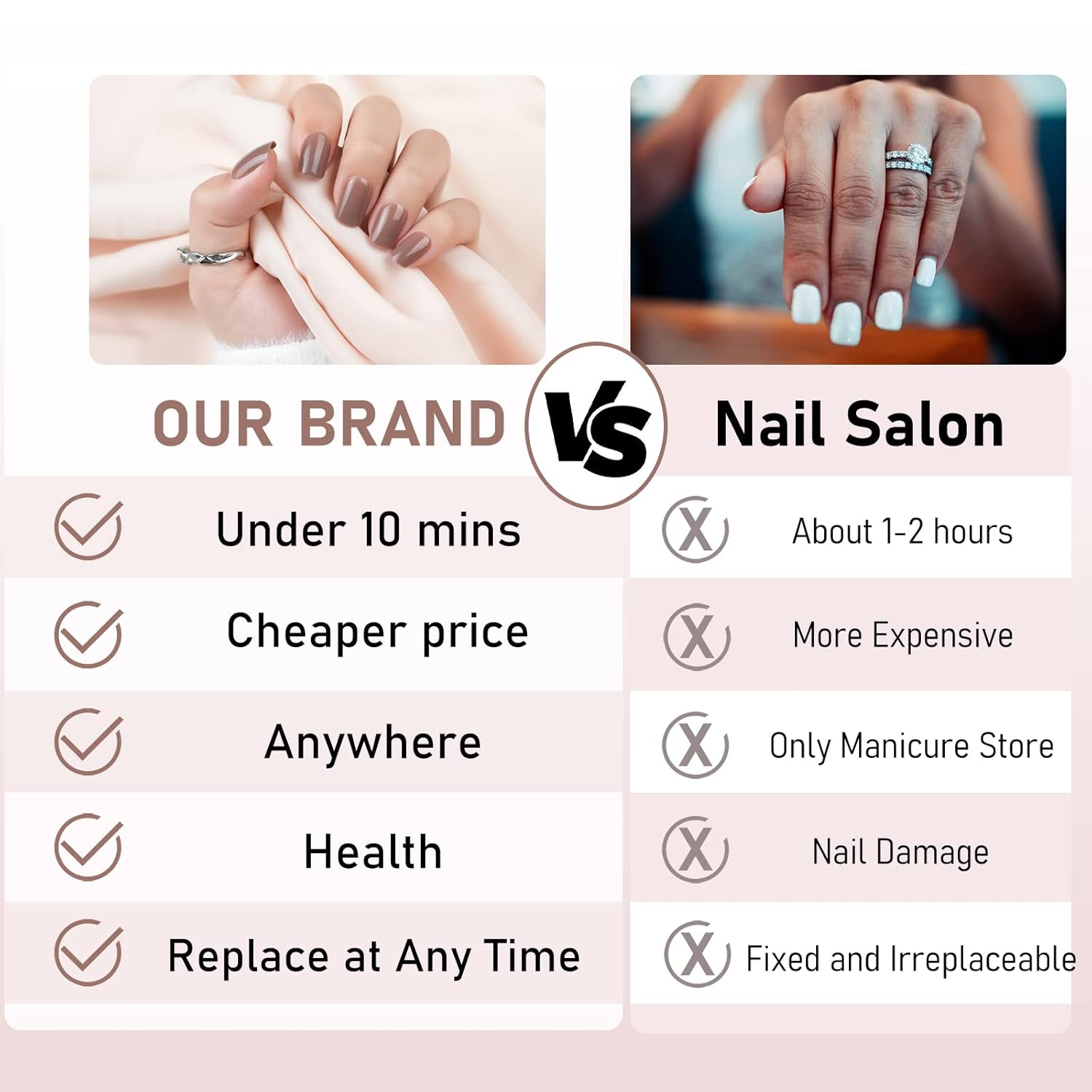 Uñas postizas cortas a presión, cuadradas marrones, acrílicas brillantes, sólidas, naturales, 24 piezas de uñas postizas con diseños, kit de arte de