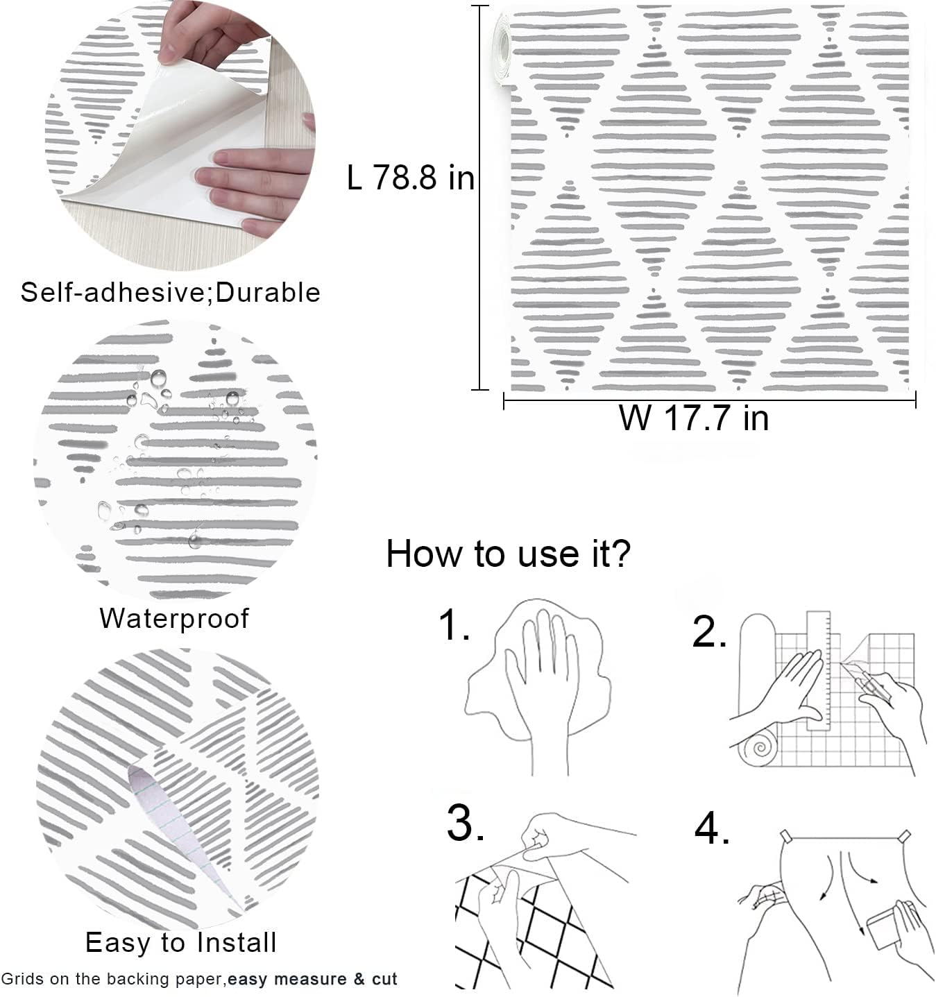 Papel tapiz moderno de rayas para despegar y pegar, papel de contacto blanco y negro de 17.7 x 78.7 pulgadas, papel tapiz geométrico autoadhesivo,