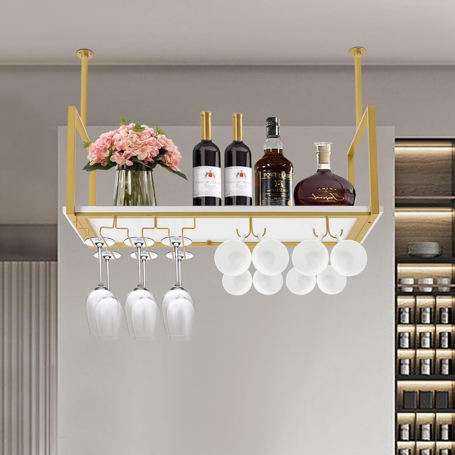 Estante rústico para copas de vino, 31.5 pulgadas, soporte de metal para copas de vino, soporte para tazas y estante, barra de techo de metal para