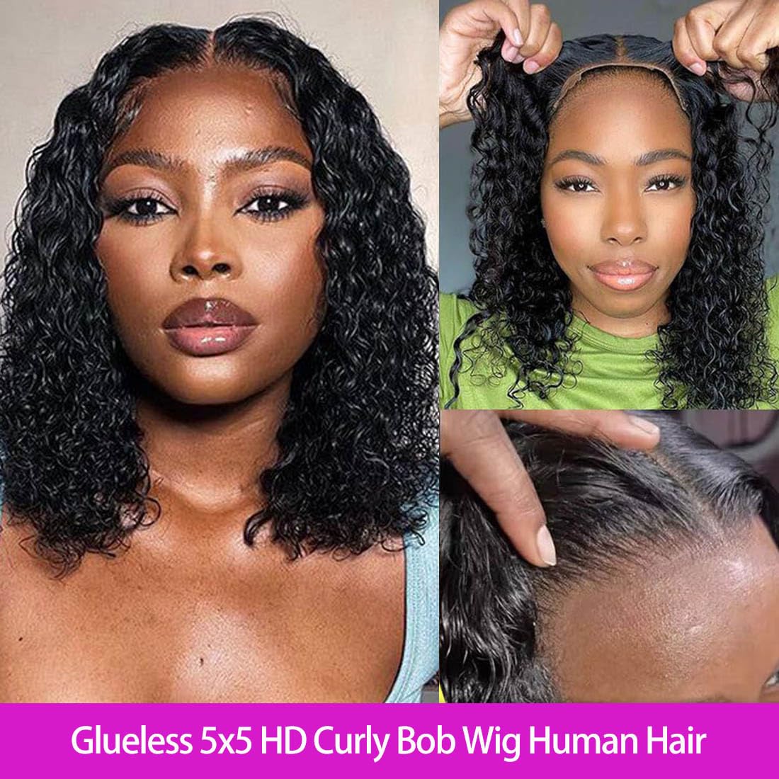 Rina Wear and Go – Peluca de cabello humano sin pegamento Culry Bob, mejorada, 5 x 5, sin pegamento, precortada, encaje frontal, pelucas para mujer,