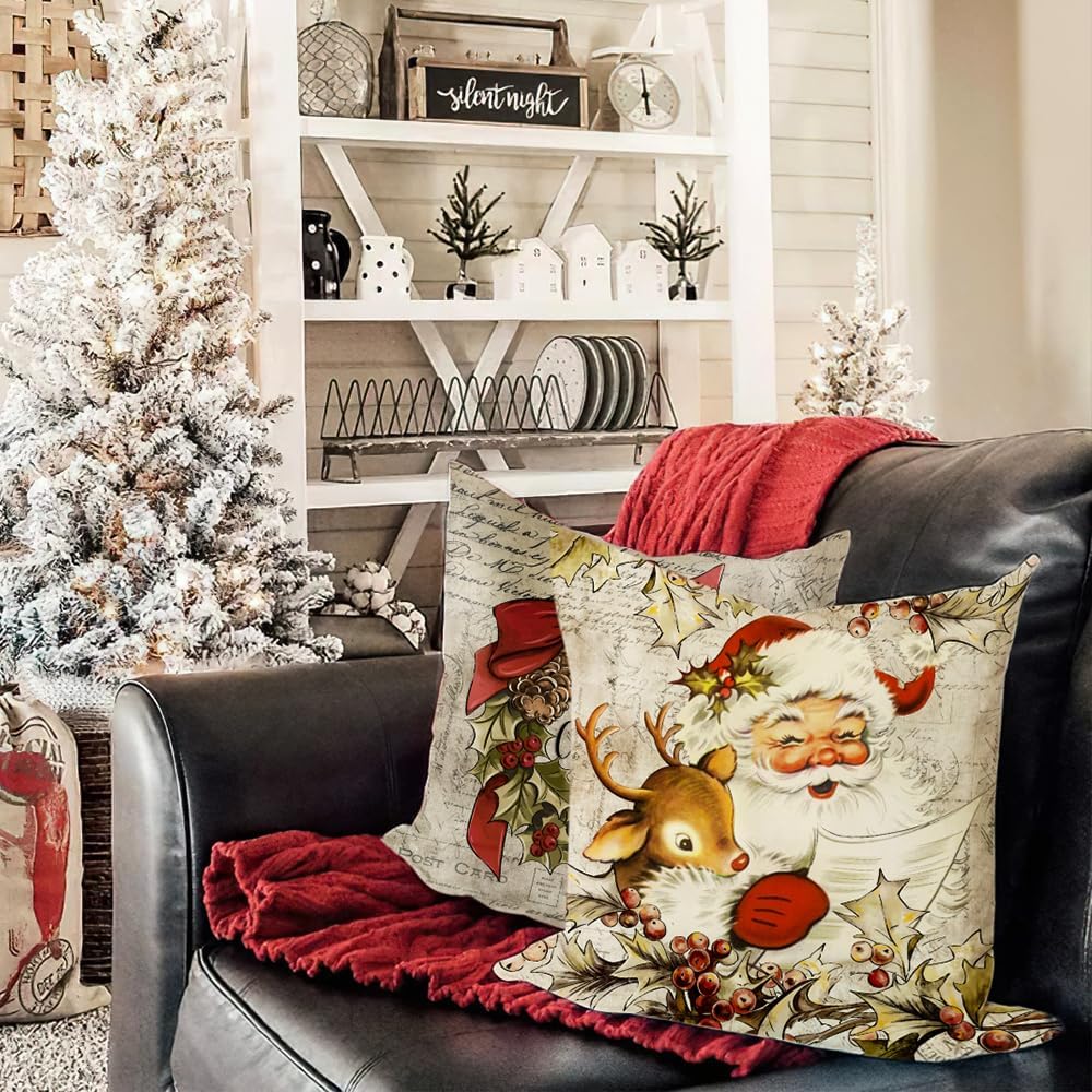 DFXSZ Juego de 4 fundas de almohada navideñas de 20 x 20 pulgadas, diseño de reno de Papá Noel, vintage, decoración retro de casa de campo para el