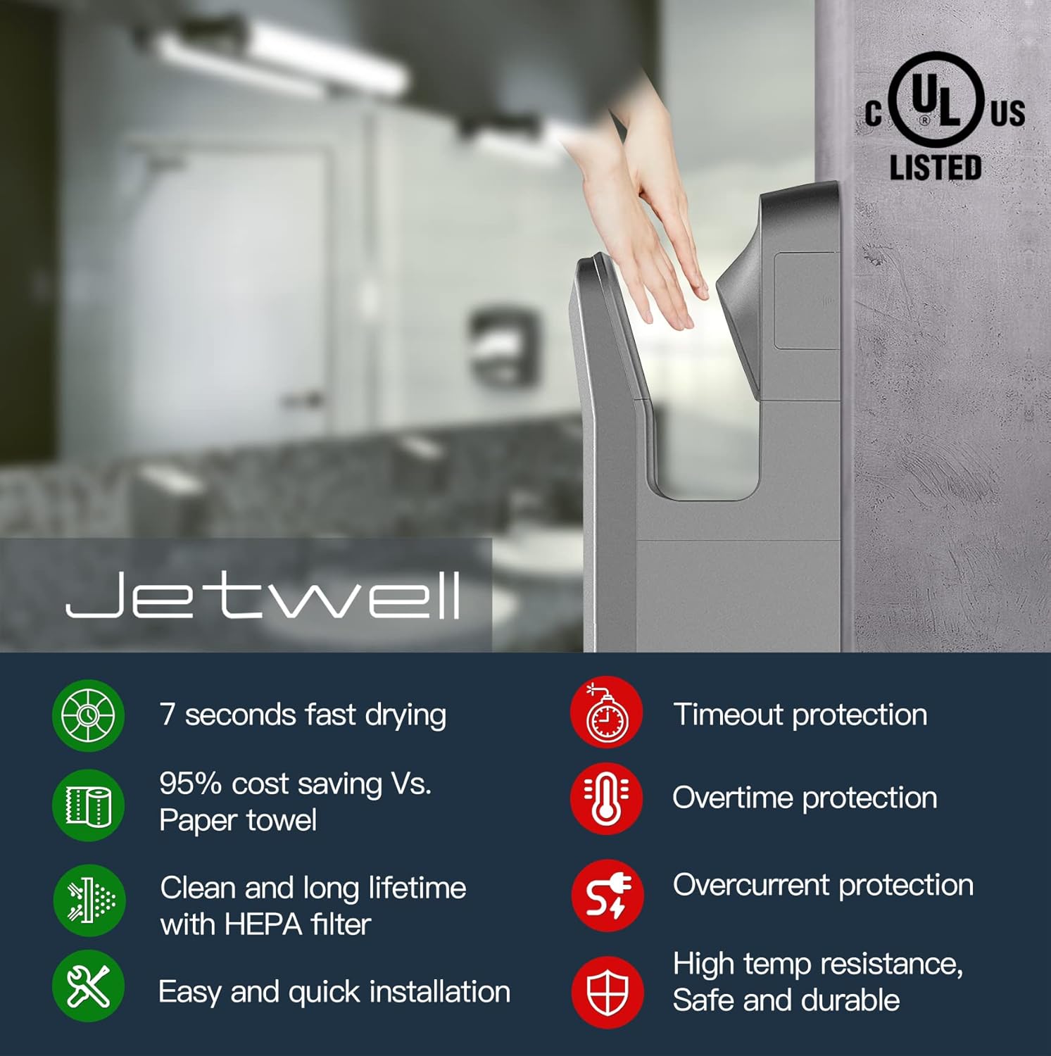 JETWELL Soplador de mano de viento caliente caliente superior vertical de alta velocidad HEPA 1850W del secador de manos