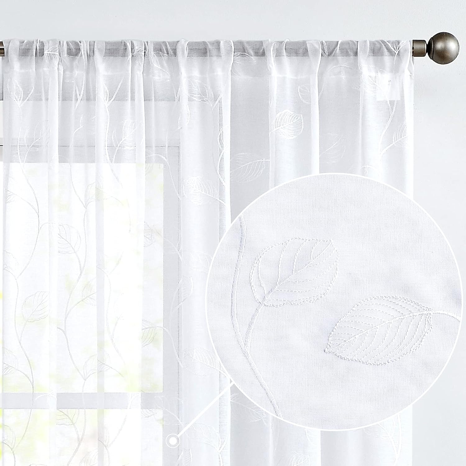 Lazzzy  Cortinas traslúcidas con hojas bordadas (2 piezas)