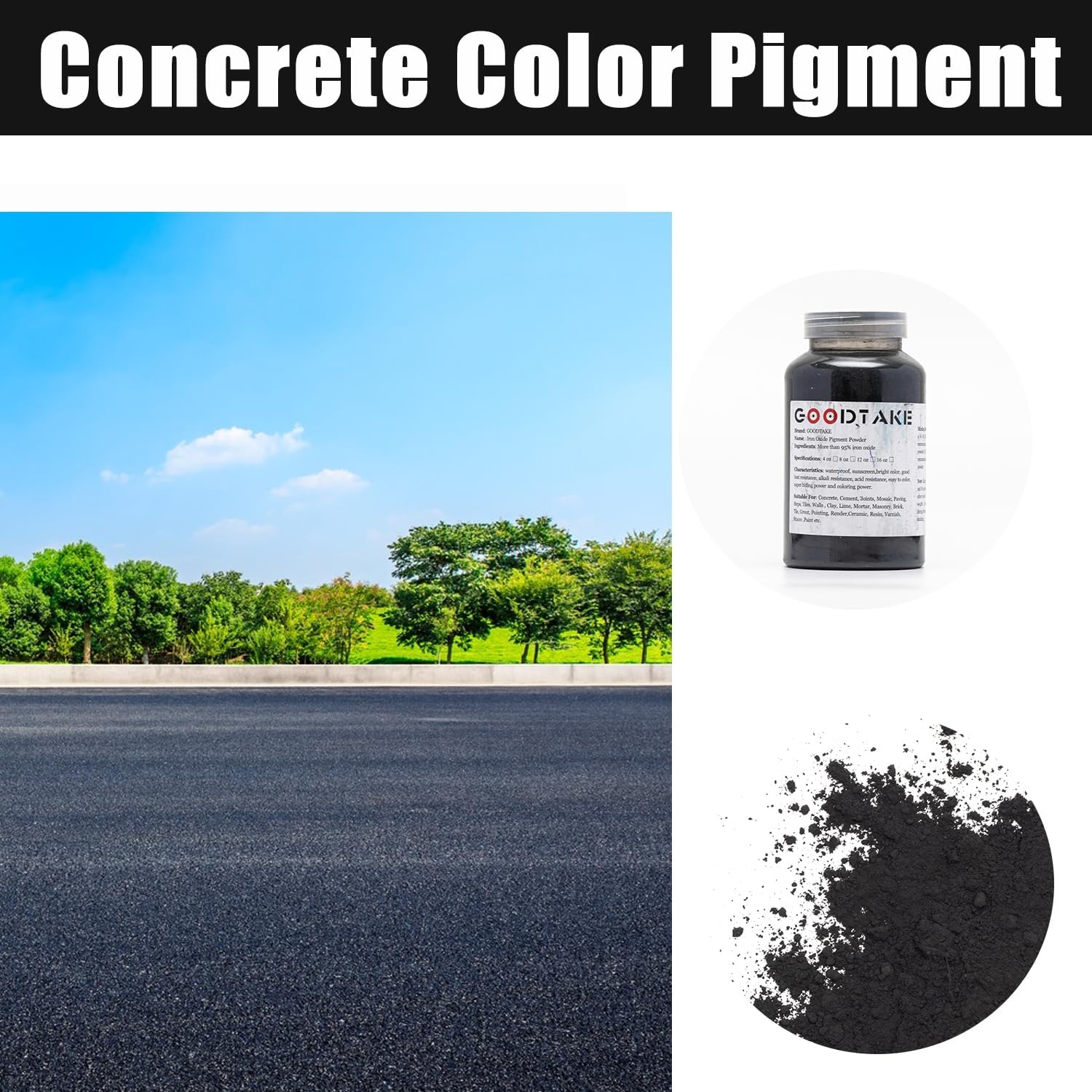 Pigmento de hormigón, polvo de pigmento de óxido de hierro negro, pigmento de color de tinte de cemento para hormigón, cemento, mortero, lechada,