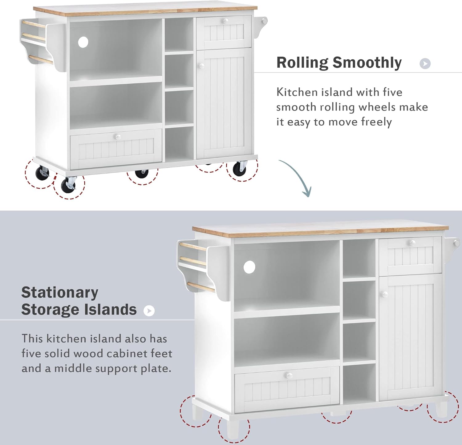 Olela Carrito de isla de cocina con almacenamiento, mesa de cocina móvil rodante para microondas con ruedas con estantes abiertos, cajones y
