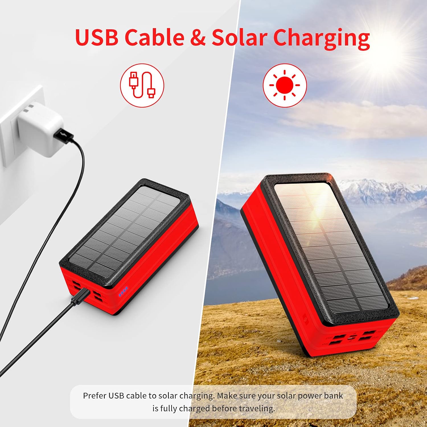 Banco de energía solar de 50000 mAh, cargador de teléfono solar portátil con linterna, 4 puertos de salida, 2 puertos de entrada, banco de batería